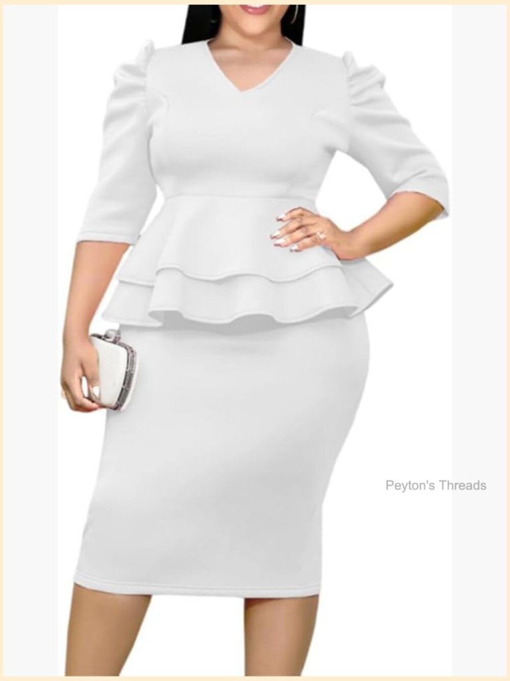 V-Neck Plus Size Peplum Dress Midi Bodycon Work Church Outfits with Ruffled